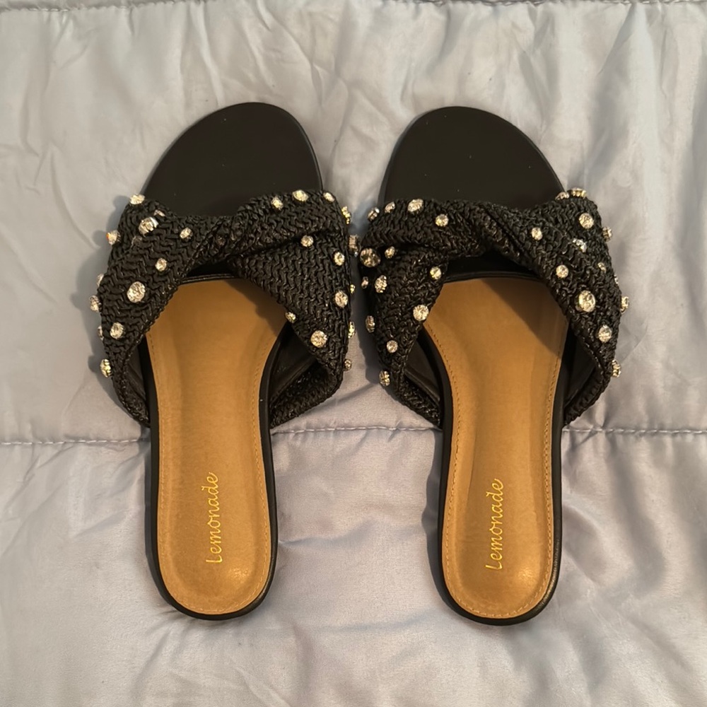 Lemon Black Embellished Women's Slide Sandals